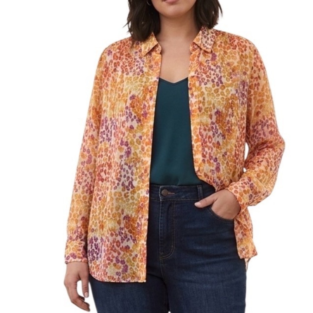 Chico's Sunburst Animal Print Chiffon Shirt Artsy Boho Beach Size 3 US 16/18 NEW